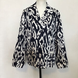 Chico's Women Navy Blue White Ikat Print Blazer Jacket L